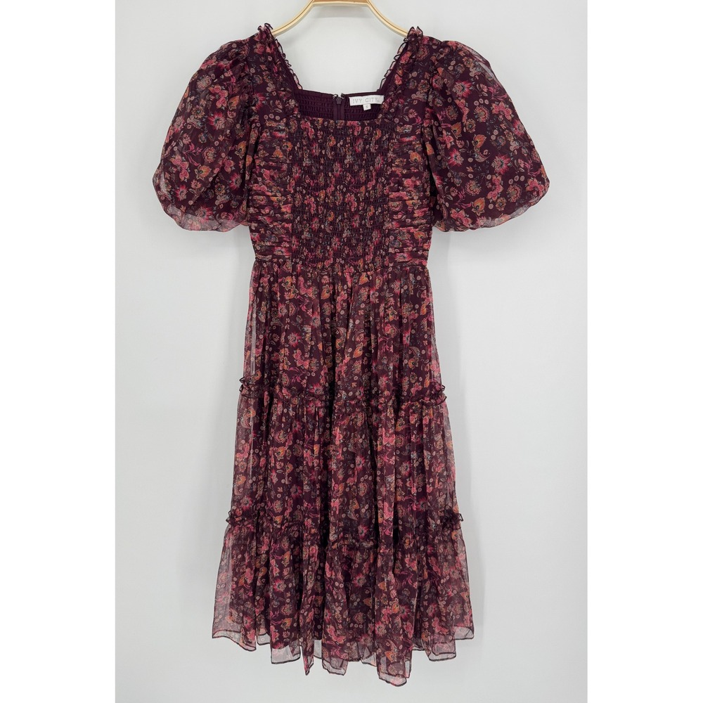 Ivy City Co Stephanie Dress Small Burgundy Floral Smocked Cottagecore Romantic - Picture 4 of 12